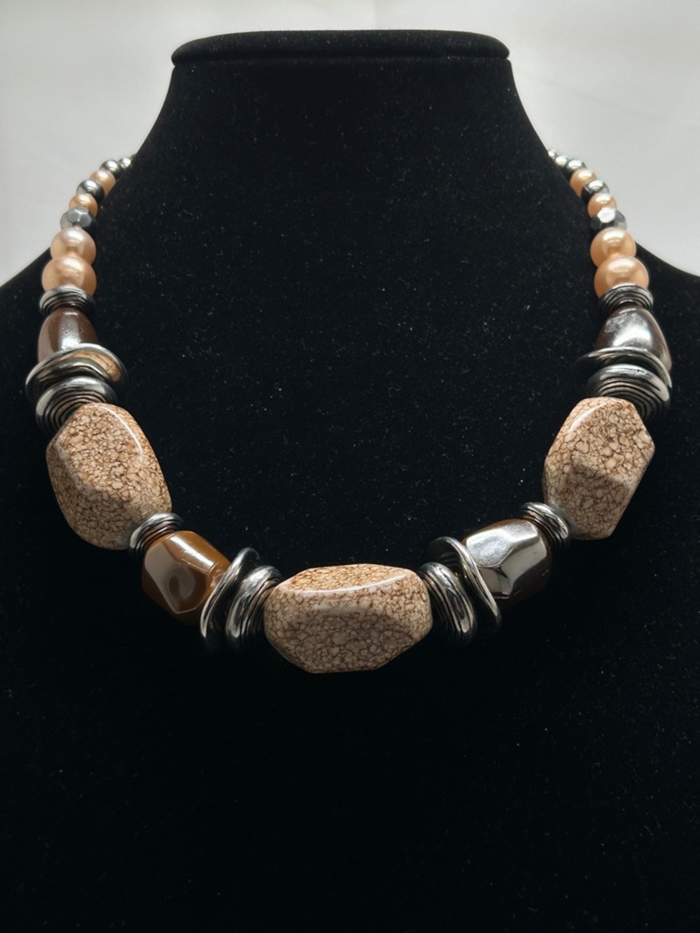 Vintage Chunky Funky Silver And Brown Necklace And Bracelet Set, 1990’s